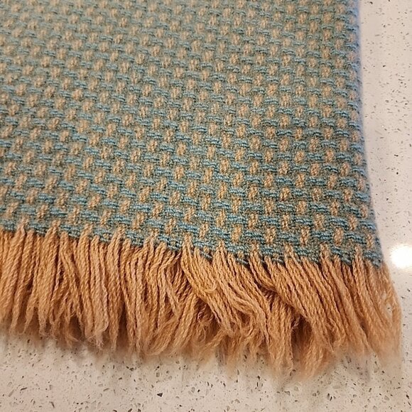 Vintage 60s Pendleton 100% Wool Blanket 52"x46" Green Tan Waffle Check Fringe - Picture 3 of 5
